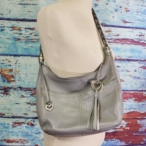 Brighton Gray Leather Shoulder Bag with Gold Hardware